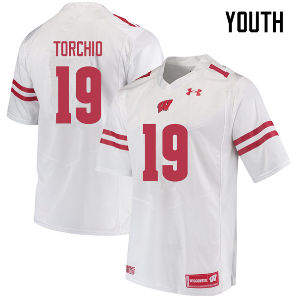 Youth #19 John Torchio Wisconsin Badgers College Football Jerseys Sale-White - Click Image to Close